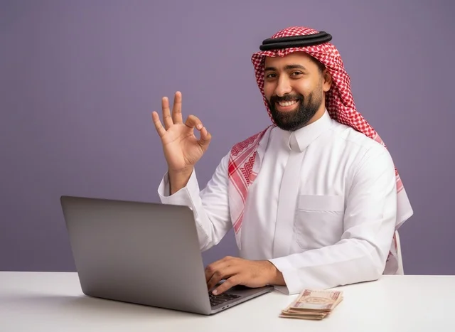 Saudi Man with Laptop and Money OK Gesture