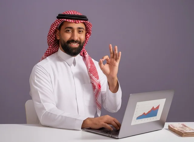 Saudi Businessman with Laptop and Money Okay Gesture