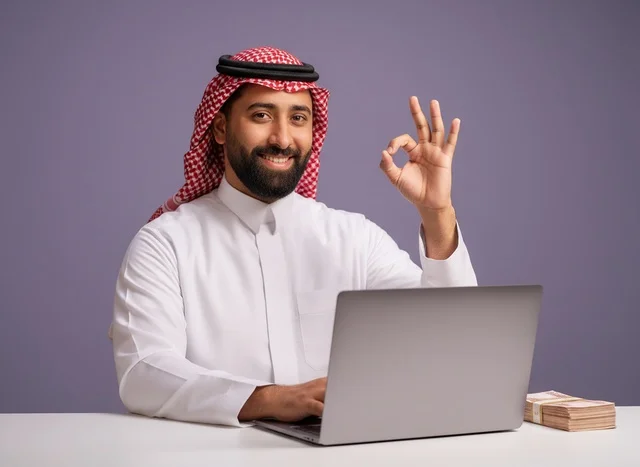 Saudi Businessman with Laptop and Money Making OK Sign