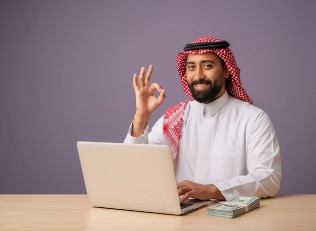 رجل أعمال سعودي مع حاسوب محمول وأموال