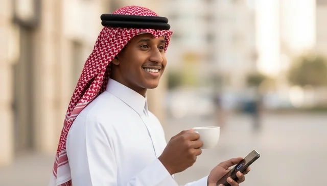 رجل سعودي بالثوب التقليدي يمسك كوب قهوة وهاتف ذكي
