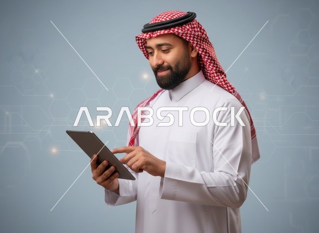 رجل سعودي يستخدم جهاز لوحي رقمي بالزي التقليدي الرسمي