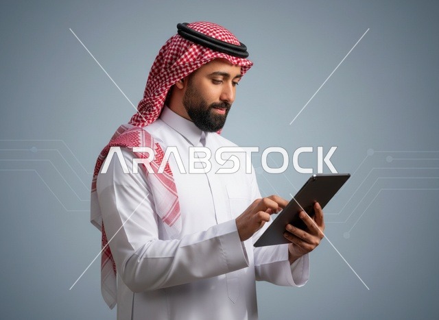 رجل سعودي بالثوب يستخدم جهاز لوحي رقمي