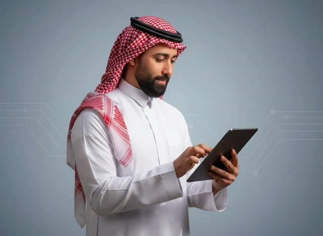 Saudi Man in Thobe Using Digital Tablet