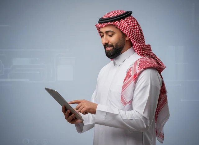 رجل سعودي بالزي التقليدي يستخدم جهاز لوحي