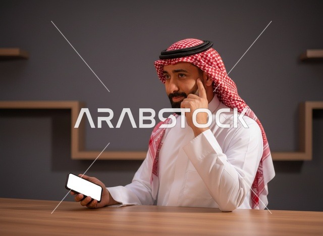 Saudi Man in Thobe Thinking with Smartphone