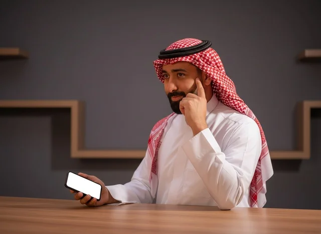 Saudi Man in Thobe Thinking with Smartphone