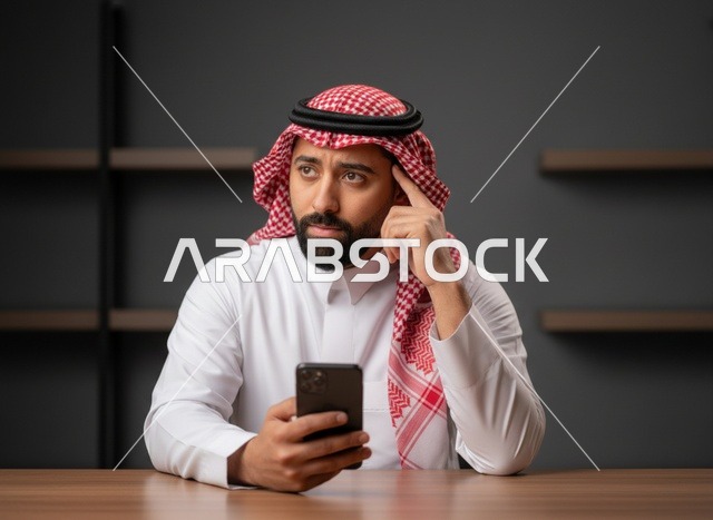 رجل سعودي يفكر مع هاتف ذكي في المكتب