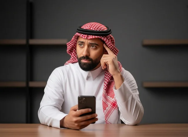 رجل سعودي يفكر مع هاتف ذكي في المكتب