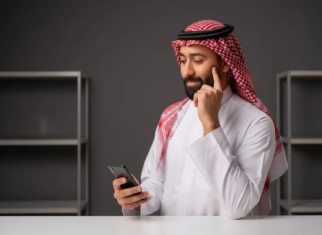 رجل سعودي يستخدم الهاتف الذكي بالزي التقليدي