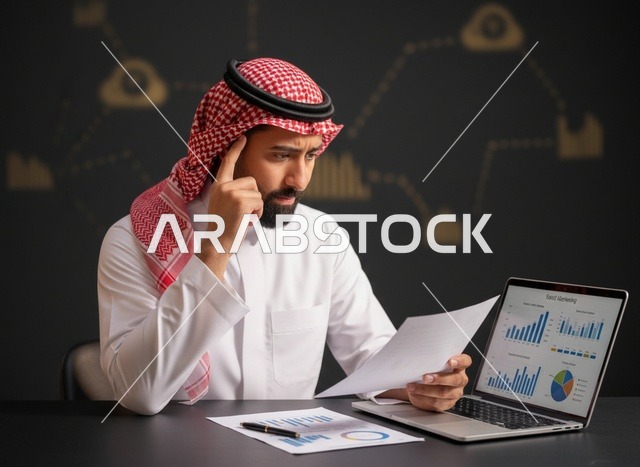 رجل أعمال سعودي يحلل البيانات المالية في المكتب