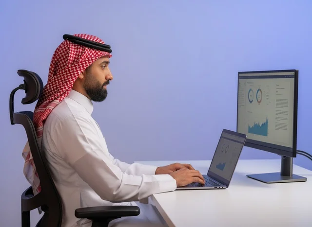 رجل أعمال سعودي يعمل على اللابتوب في المكتب رجل أعمال سعودي يعمل على اللابتوب في المكتب