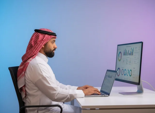 Saudi Man Working with Data Infographics in Office