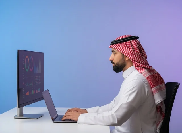 رجل أعمال سعودي يعمل على اللابتوب وتحليل البيانات