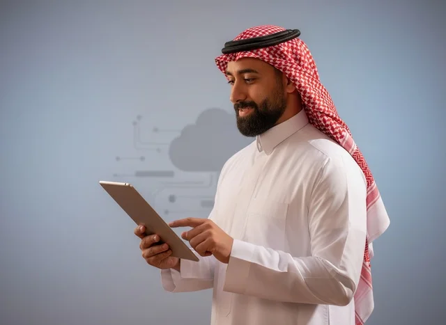 Saudi Man in Traditional Dress Using Digital Tablet