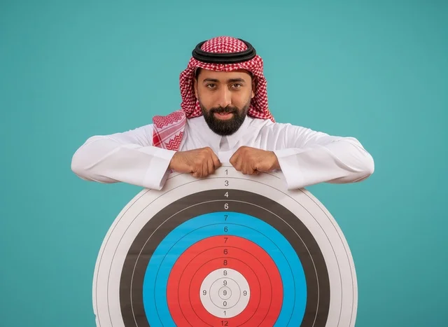 Saudi Man in Traditional Thobe Holding Archery Target