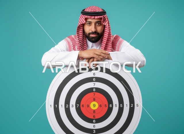 رجل سعودي مع لوحة أهداف لنجاح الأعمال