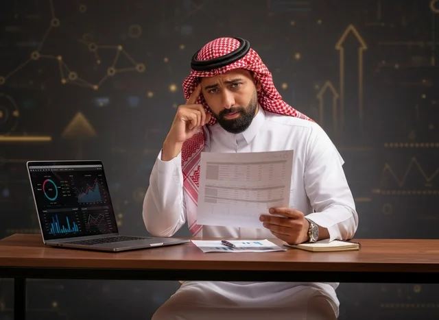 رجل أعمال سعودي مع حاسوب وبيانات مالية