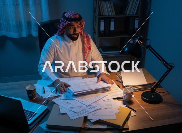 Saudi Man Working Late Overtime at Messy Office Desk