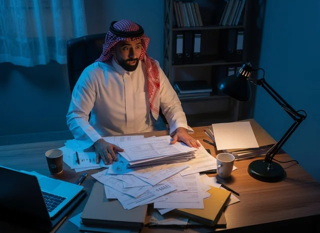 رجل سعودي يعمل لساعات متأخرة خلف مكتب مكتبه المزدحم