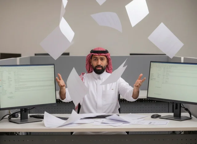 Stressed Saudi Businessman with Flying Papers in Office