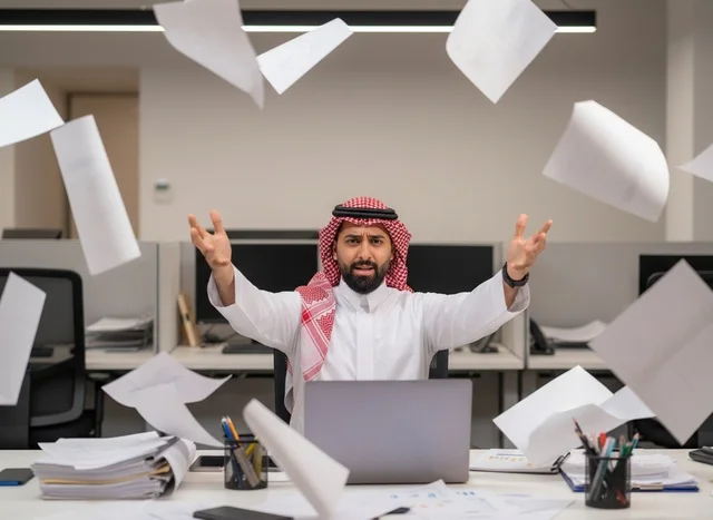 Stressed Saudi Businessman with Flying Papers in Office