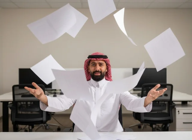 رجل أعمال سعودي في المكتب يلقي الأوراق البيضاء بضغط