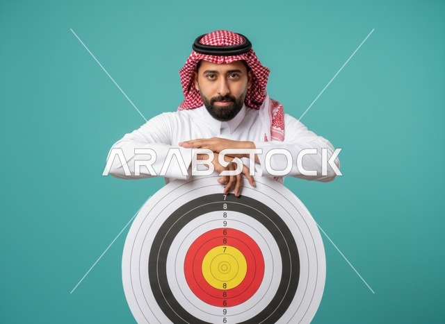 رجل سعودي مع لوحة هدف في استوديو تصوير