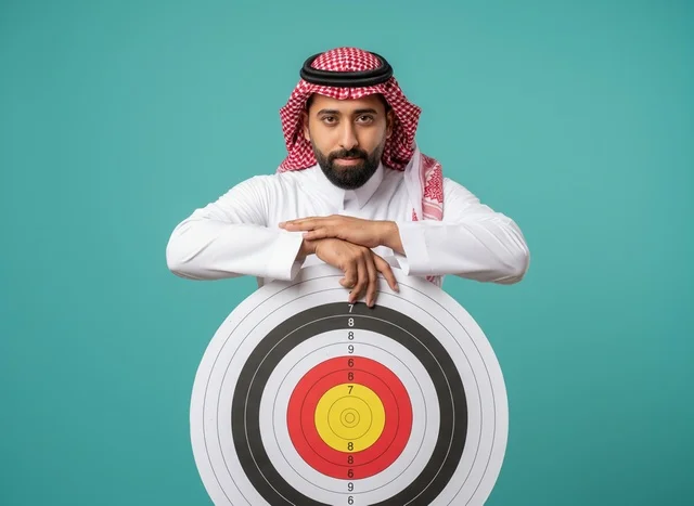 رجل سعودي مع لوحة هدف في استوديو تصوير
