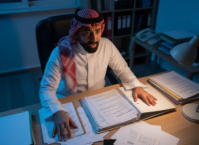 Saudi Businessman Shocked Reviewing Documents at Office Night