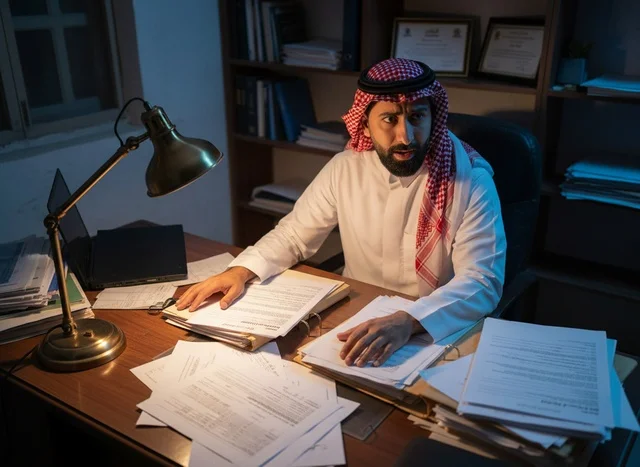 رجل أعمال سعودي يعمل ليلاً في مكتبه