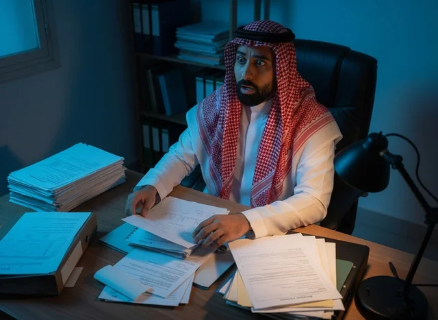 Saudi Businessman Surprised at Office Desk Night Work