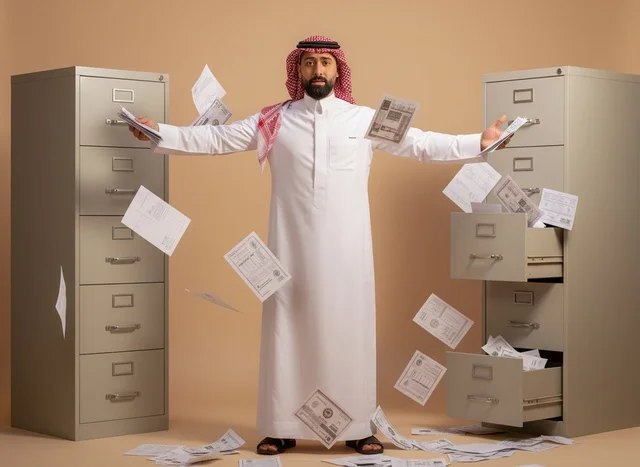 Saudi Businessman with Flying Papers in Chaotic Office