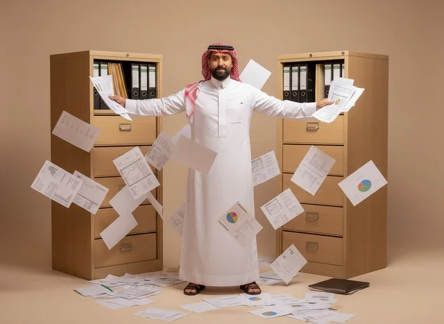 Saudi Businessman with Flying Papers in Office Setting