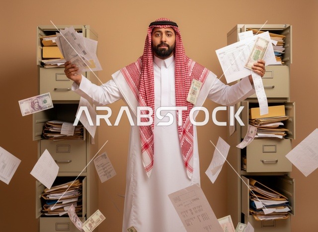 رجل سعودي وسط أوراق وعملات متطايرة في المكتب