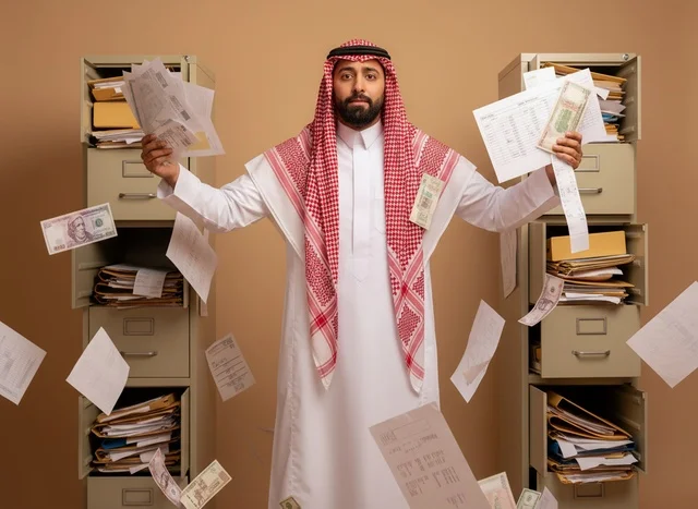 رجل سعودي وسط أوراق وعملات متطايرة في المكتب