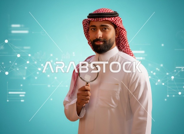 رجل سعودي بالثوب التقليدي يحمل عدسة مكبرة