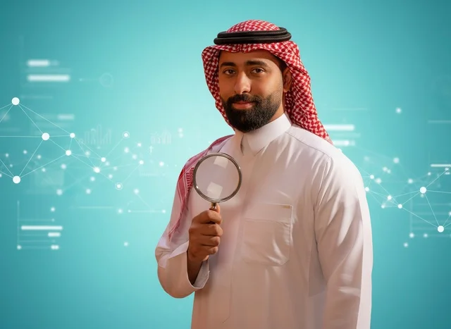 رجل سعودي بالثوب التقليدي يحمل عدسة مكبرة