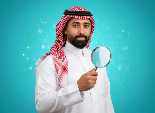 Saudi Man with Magnifying Glass on Cyan Background