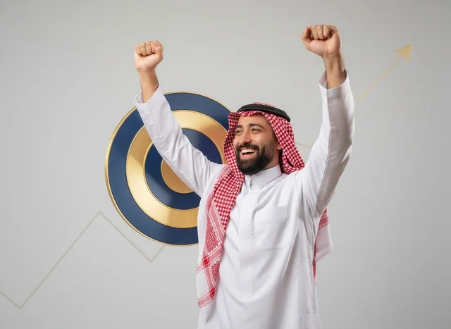 رجل سعودي يحتفل بنجاح الأعمال مع هدف بياني
