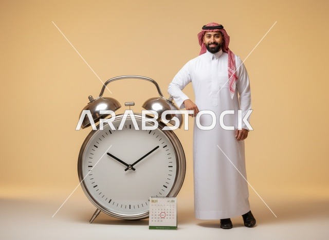 رجل سعودي مع ساعة منبه كبيرة وتقويم