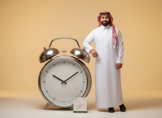 Saudi Man with Large Alarm Clock and Calendar