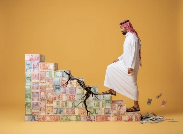 رجل سعودي يصعد سلم من الأموال المتصدعة