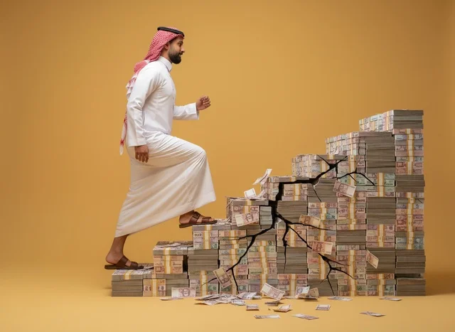 رجل أعمال سعودي يصعد سلماً من الريالات الورقية