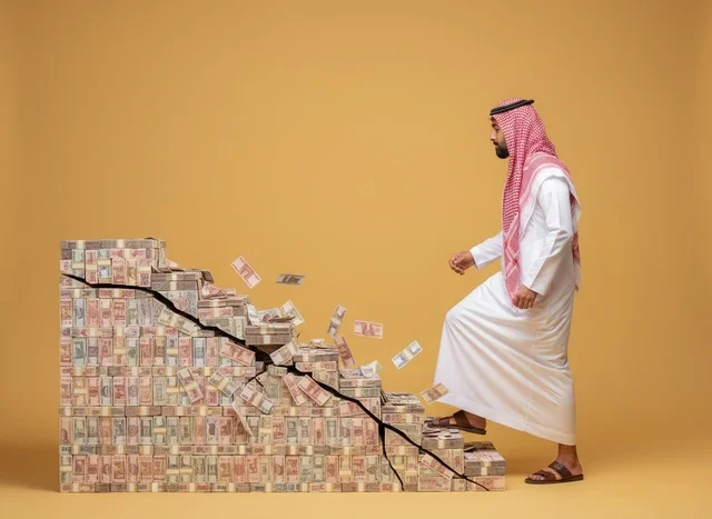 رجل سعودي يتسلق درج أموال متصدع رجل سعودي يتسلق درج أموال متصدع