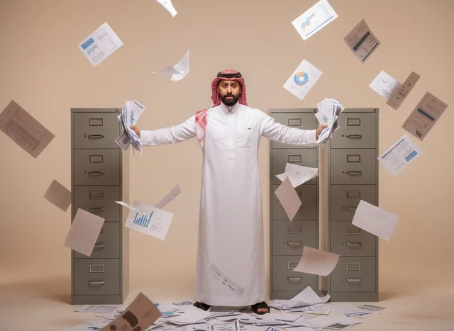 Saudi Businessman with Flying Office Papers