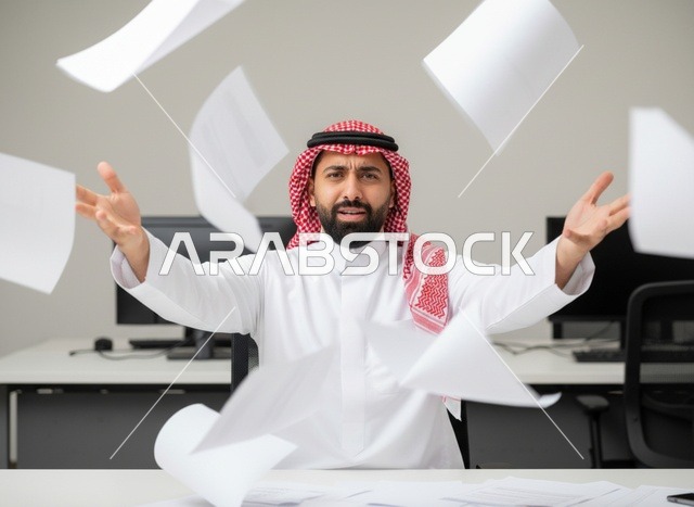 رجل أعمال سعودي يرمي الأوراق في المكتب بضغط