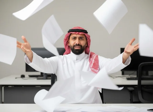 رجل أعمال سعودي يرمي الأوراق في المكتب بضغط