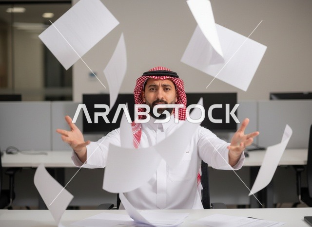 رجل أعمال سعودي محبط يرمي الأوراق في المكتب