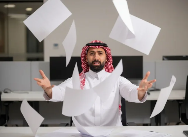 A frustrated Saudi businessman throws papers in the office.